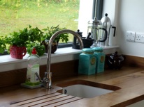 kitchen sink, elm worktop and upstand